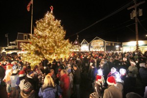 Gregory Rec/Staff Photographer: People crowd into Dock Square in Kennebunkport on Friday, November 30, 2012 for a tree lighting ceremony that kicks off the town's annual Prelude, to, a seven day holiday festival with 150 activities.